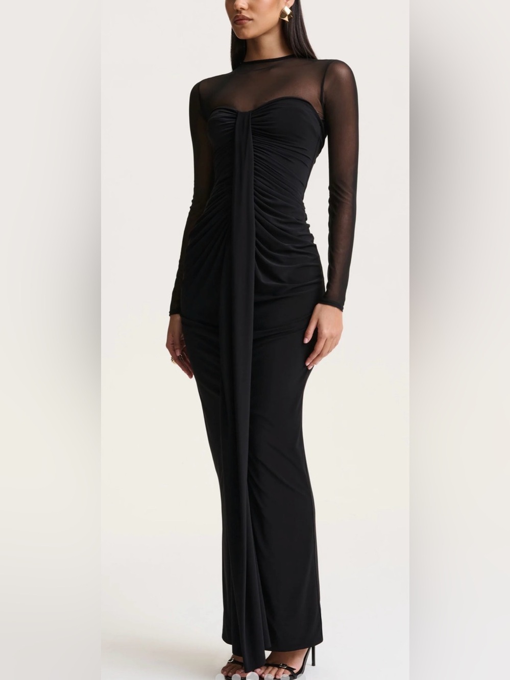 Sheer-Sleeve Black Ruched Draped Maxi Dress - Picture 2 of 4